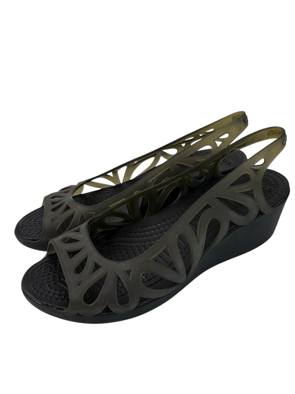 Crocs Adrina Sandals Jelly Shoe Size 6 Wedge Open Toe Slip On Gray Green Cut Out